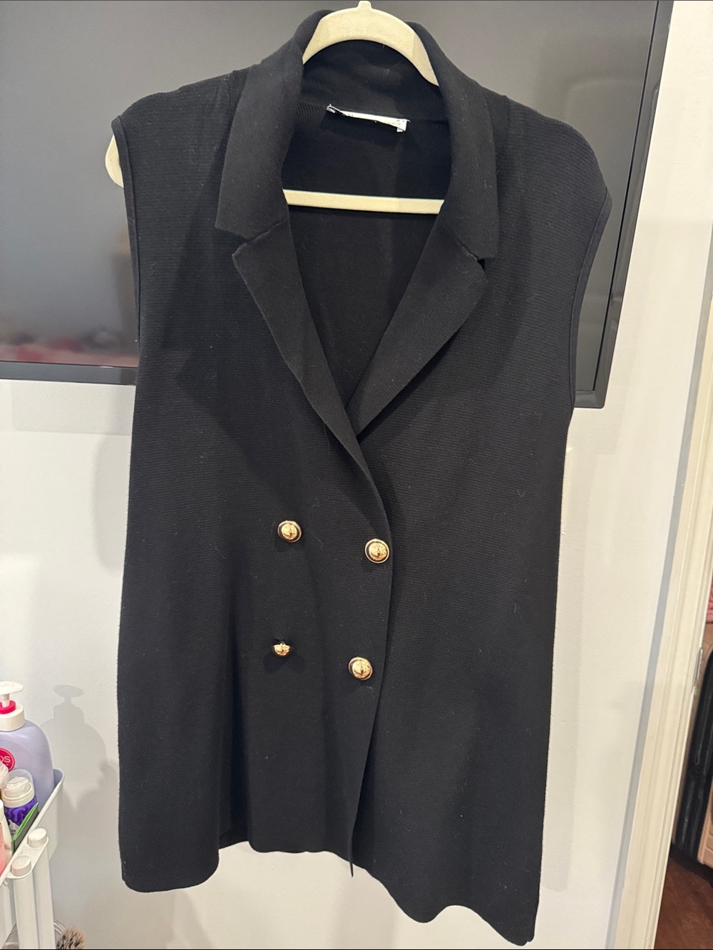 Zara Black Sleeveless Double-Breasted Stretch Blazer Vest with Gold Buttons Good